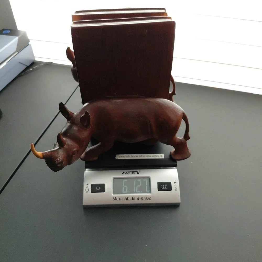 Vintage Hand‎ Carved Natural Wood African RHINO Bookends Heavy Artist Detailed - Picture 15 of 16